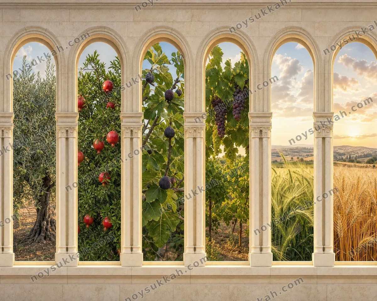 שבעת המינים tradition — full-wall sukkah mural
